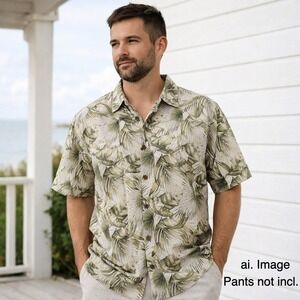 Island Republic 100% Silk Hawaiian Shirt XL Tropical Palm Aloha Resort Cruise